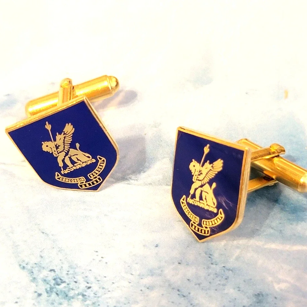 Vintage Heraldic Lion Blue Enamel Gold-tone Cufflinks London Badge & Button .75